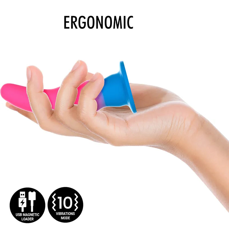 Godemichet vibrant multicolore silicone néon, forme ergonomique, base ventouse, compatible harnais, rechargeable USB.