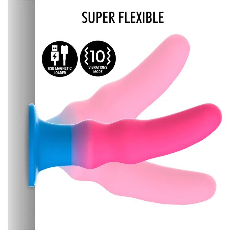 Godemichet vibrant multicolore silicone néon, deux bosses, base ventouse, rechargeable USB, 10 modes vibration.