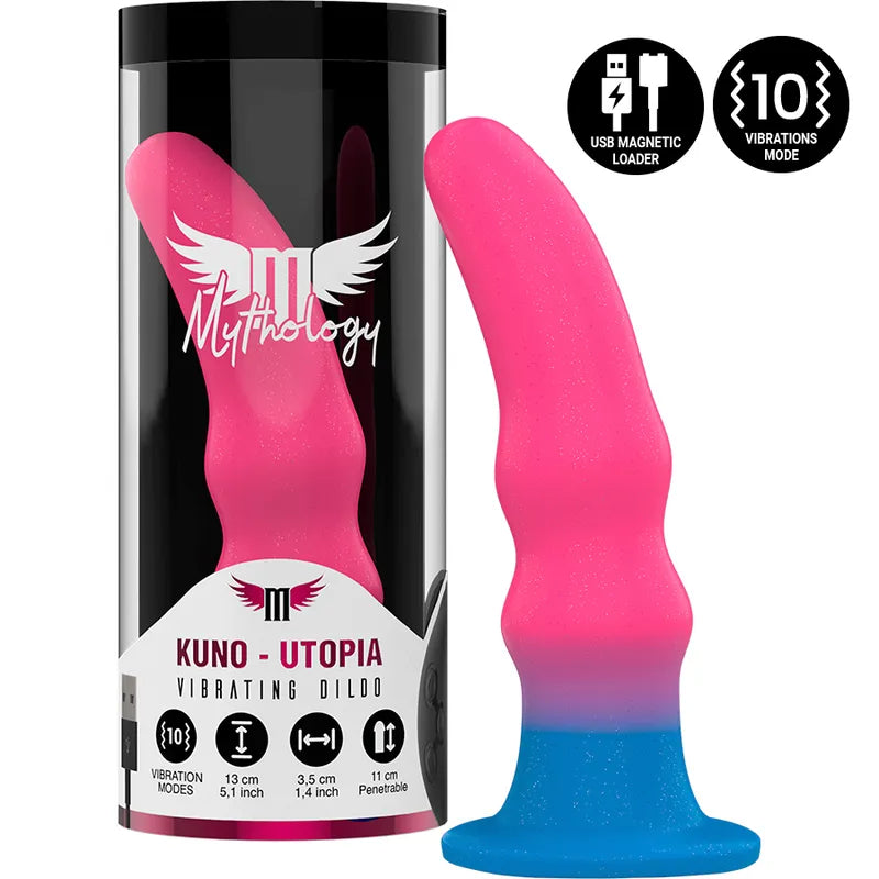 Godemichet vibrant multicolore silicone néon, forme ondulée, base ventouse, compatible harnais, rechargeable USB.