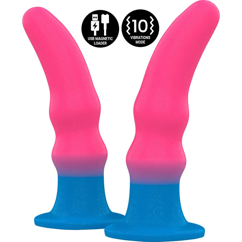 Godemichet vibrant néon multicolore en silicone médical, texture douce, ventouse, télécommande sans fil, rechargeable.