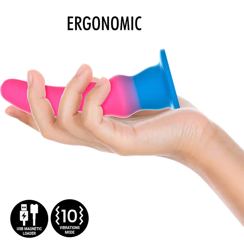 Godemichet vibrant néon multicolore en silicone médical, forme ergonomique, ventouse, télécommande sans fil.
