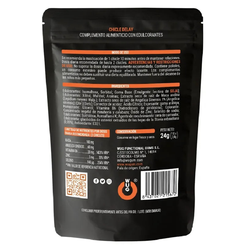 Gomme fonctionnelle noire, texte orange et blanc, ingrédients naturels pour éjaculation précoce, absorption rapide.
