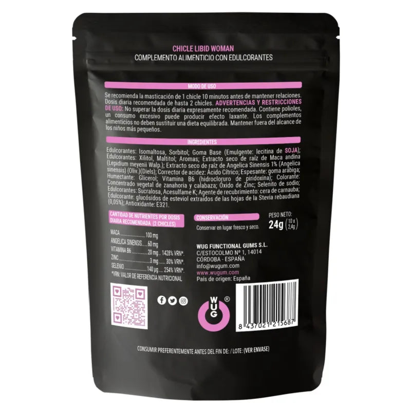 Gomme libido féminine sans gluten, sachet noir, ingrédients naturels: angélique, maca, zinc, sélénium, vitamine B6.