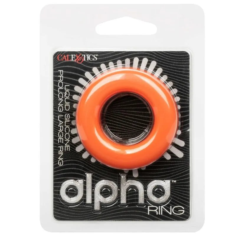 Anneau pénien orange en silicone liquide, extensible et étanche, sur fond noir, emballage transparent.
