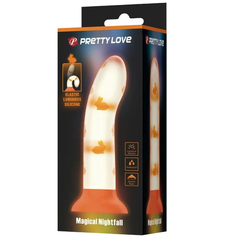 Gode lumineux orange en silicone avec ventouse, lapins phosphorescents, texture réaliste, hypoallergénique et étanche.