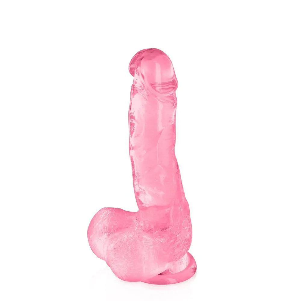 Gode rose translucide en TPE avec ventouse, gland et testicules, texture gélifiée réaliste, 17,5 cm, flexible et sans phta...