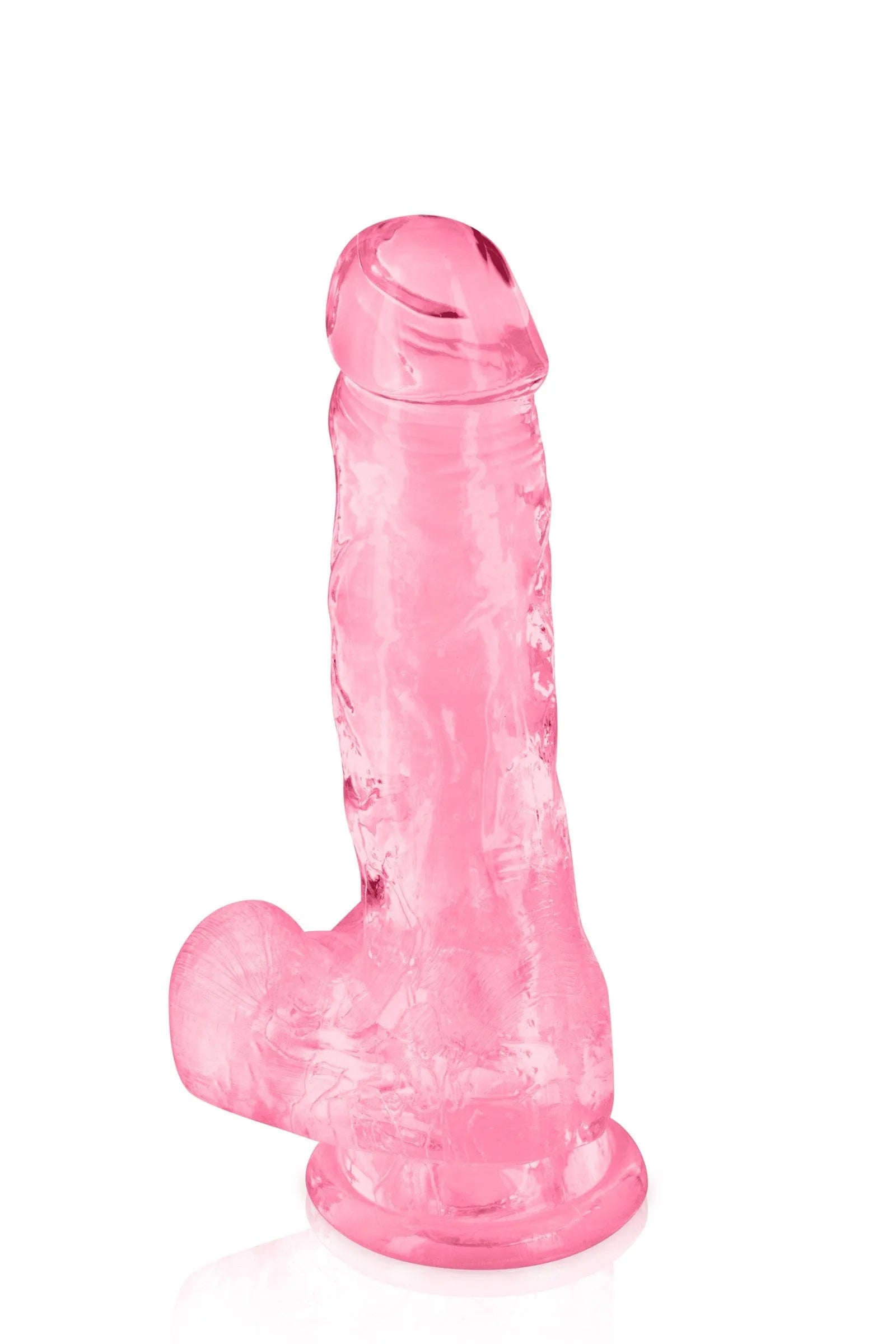 Gode ventouse rose translucide, texture gélifiée, gland et testicules réalistes, 17,5 cm, flexible, sans phtalates.