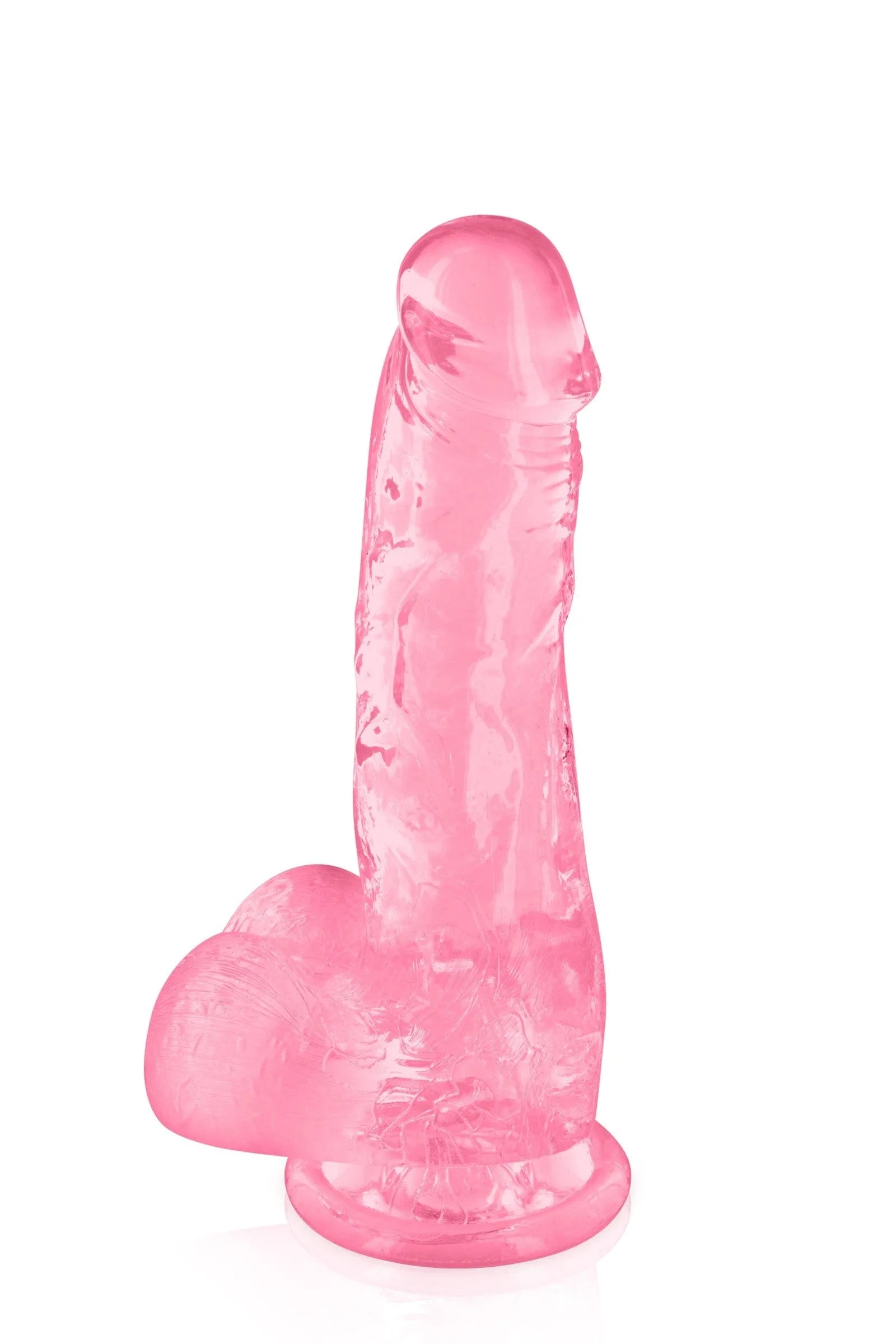 Gode rose translucide avec ventouse, texture gélifiée réaliste, gland et testicules, flexible, 17,5 cm, TPE sans phtalates.