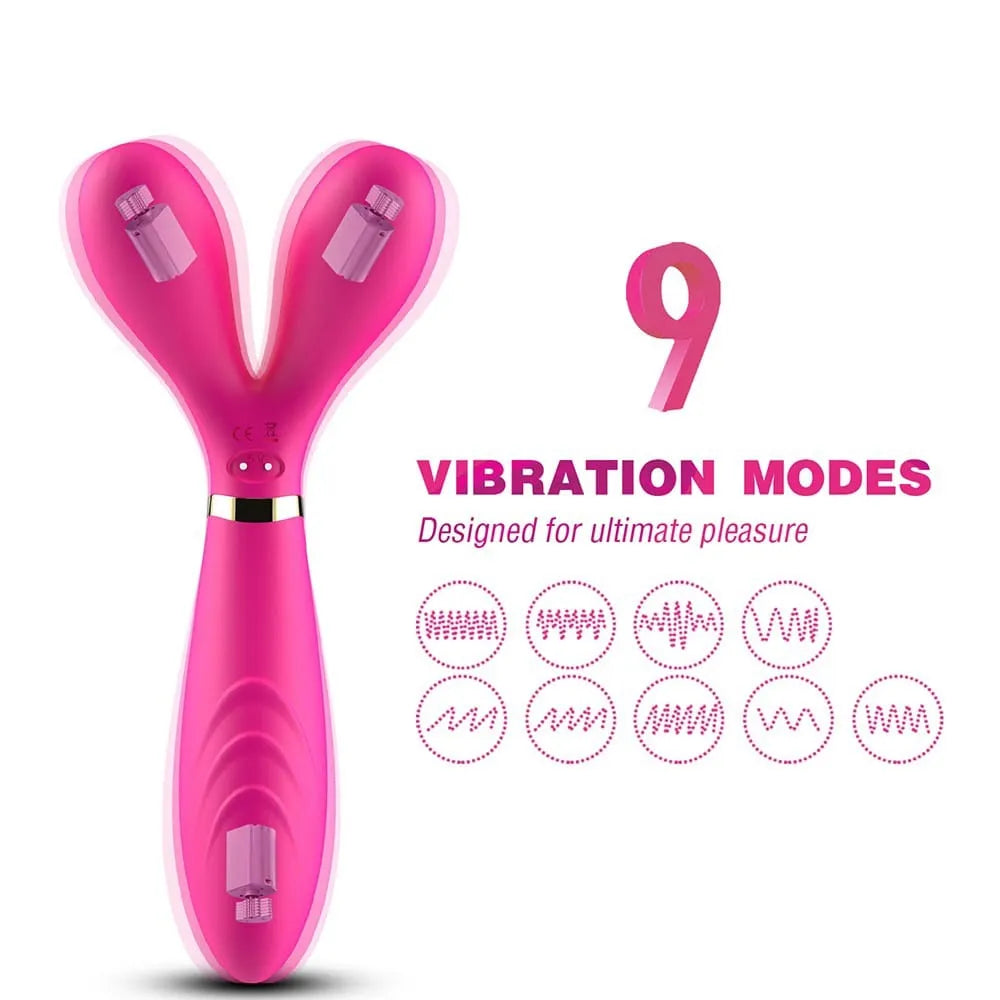 Vibromasseur rose double moteur, forme ergonomique, 9 modes, étanche, rechargeable, pour couple et plaisir solitaire.