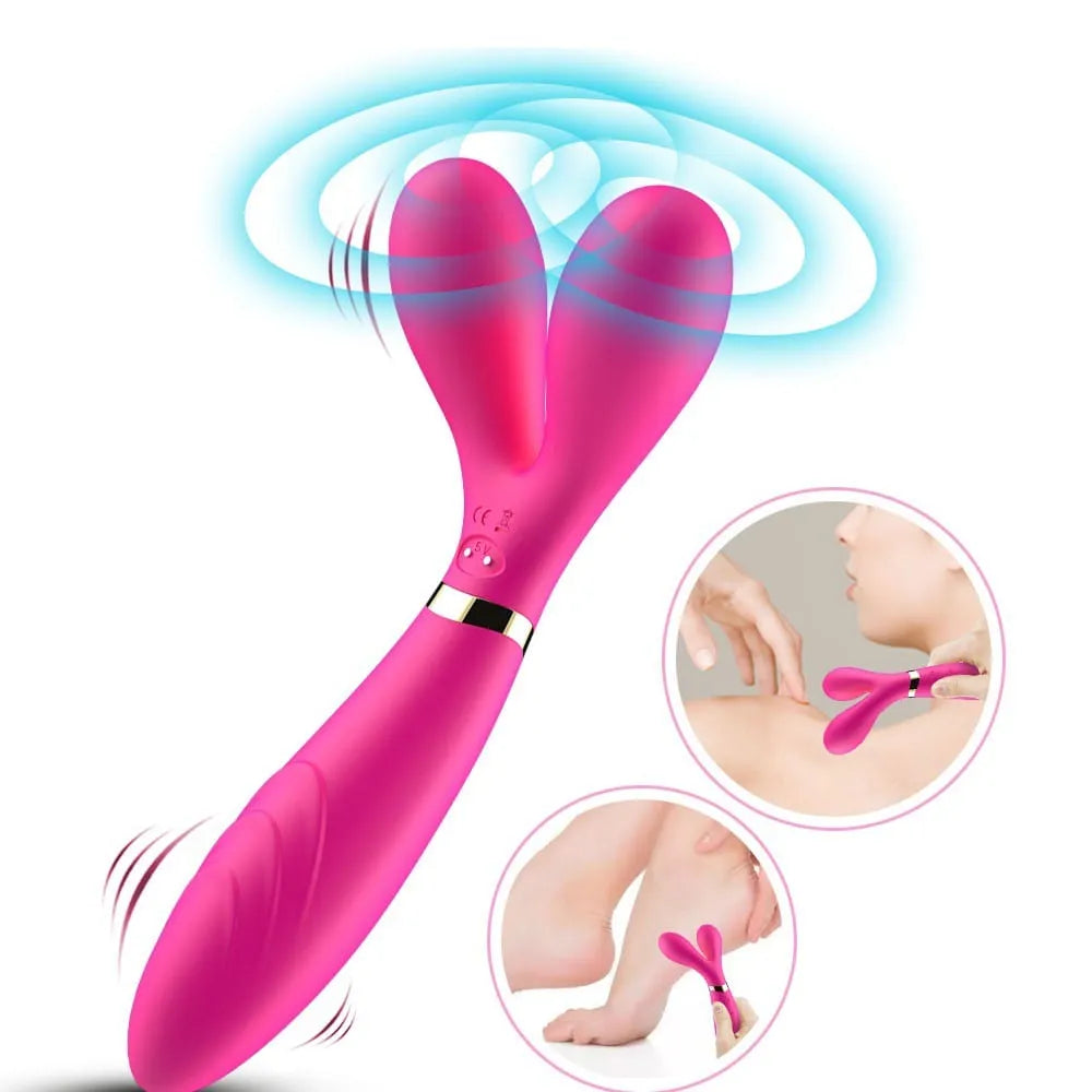 Vibromasseur rose double moteurs, forme ergonomique, étanche, rechargeable, 9 modes, stimulation couple et solitaire.