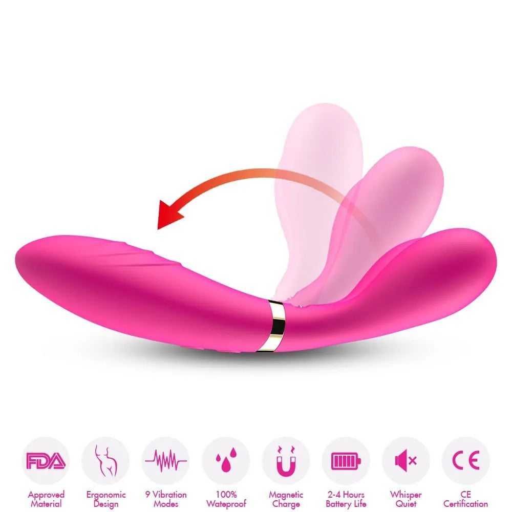 Vibromasseur rose double moteurs, ergonomique, étanche, 9 modes, rechargeable, compact, pour couple et plaisir solitaire.
