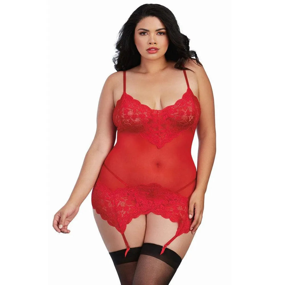 guêpière grande taille sexy rouge rubis éclatante pulpeuse femmes résille dentelle raffinée élégante bretelles réglables jarretelles ajustables string assorti partielle