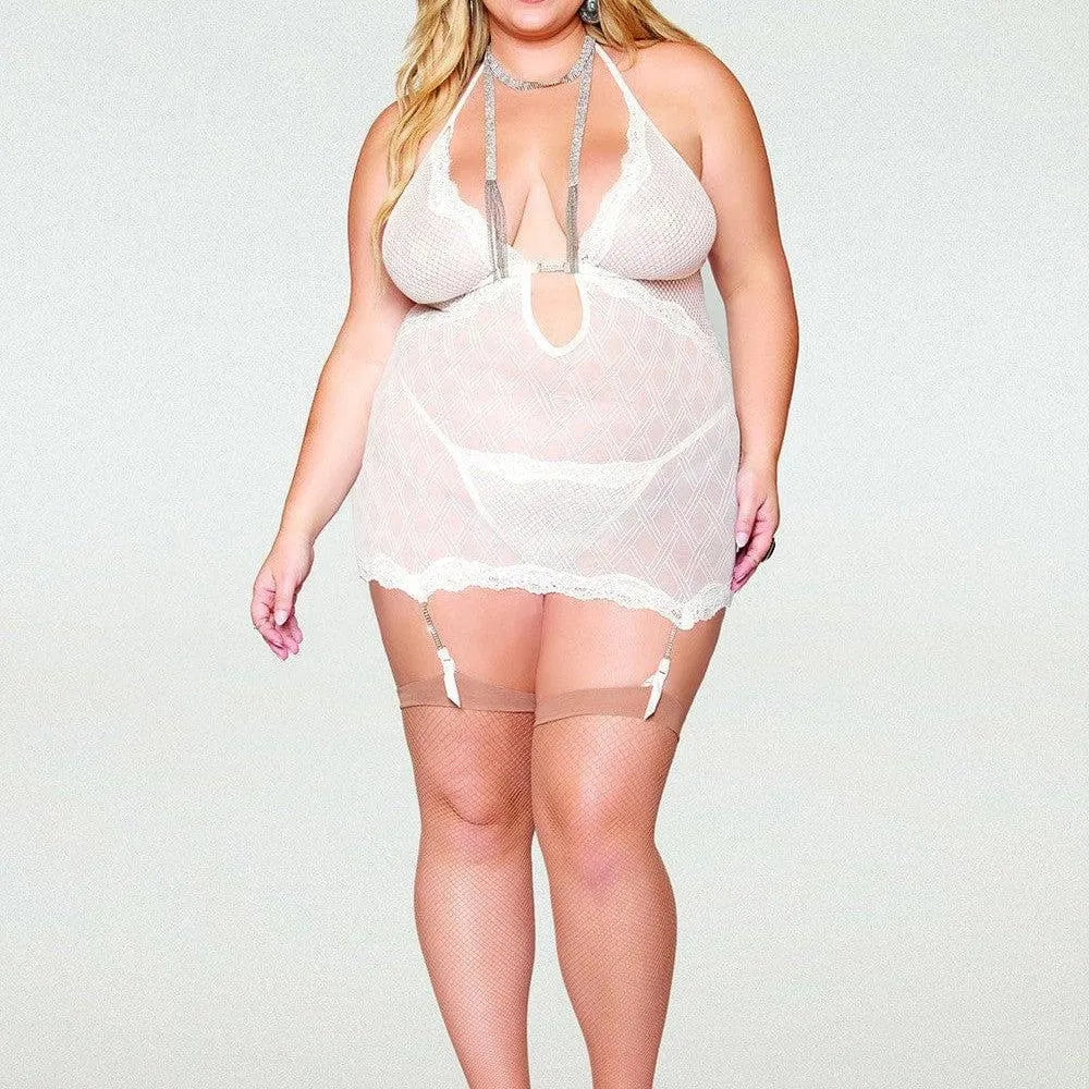 Guêpière grande taille blanche résille, porte-jarretelles bijoux, élégante et glamour, ajustement confortable.