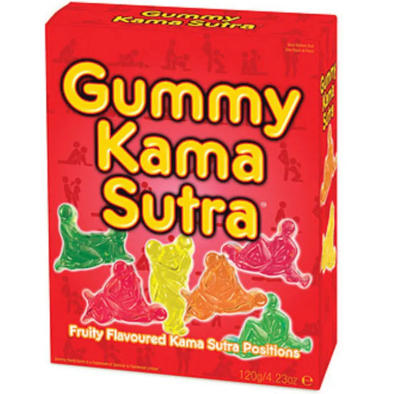 Bonbons gélifiés colorés en formes suggestives Kamasutra, saveurs fruitées, boîte rouge 120g, plaisir visuel et gustatif.