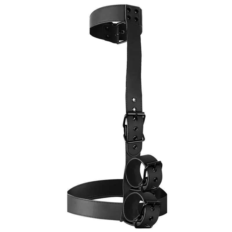 Harnais BDSM noir en cuir végétalien ajustable, boucles renforcées, sans nickel, design élégant et ergonomique.