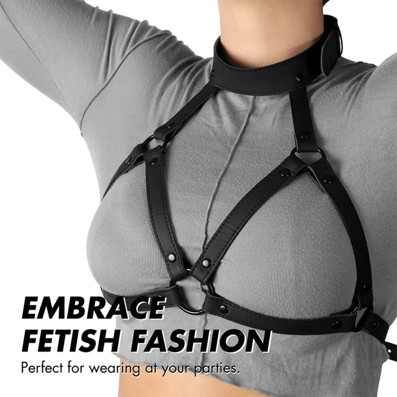 Harnais Bdsm Cuir Vegan Ajustable Poitrine Et Cou
