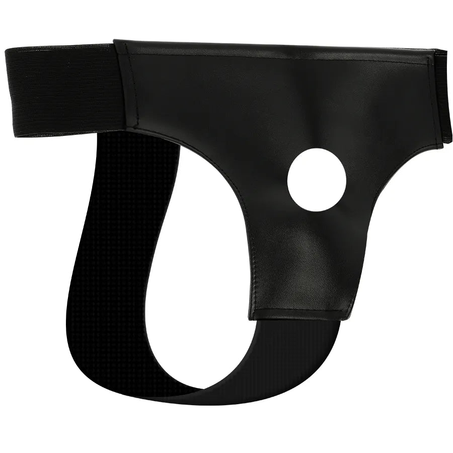 Harnais BDSM noir en cuir PU, extensible, avec trou 35mm pour gode, design confortable et ajustable, taille unique.