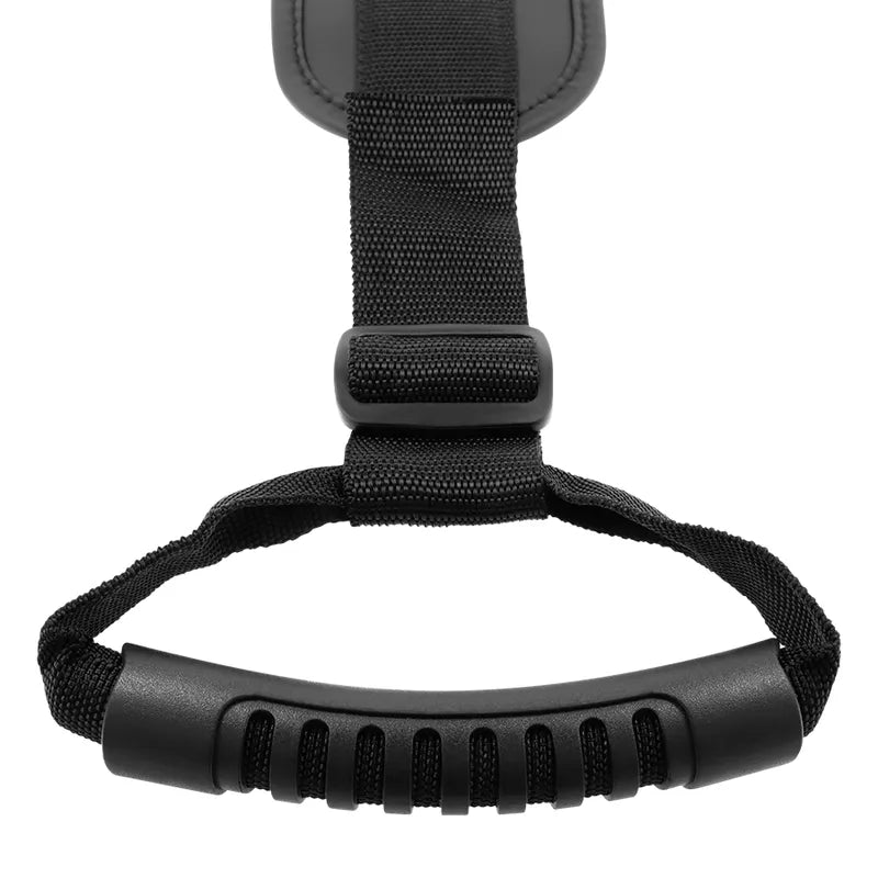 Harnais BDSM néoprène noir avec sangles réglables, poignée robuste, design ergonomique pour confort et contrôle optimal.