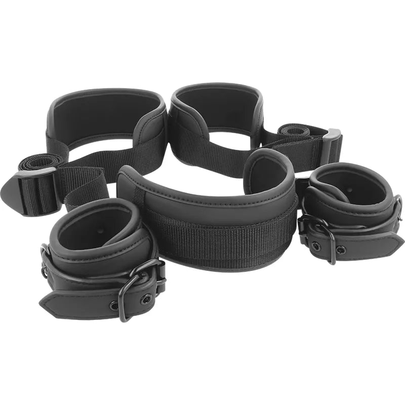 Harnais bondage cuir végane noir, réglable, rembourré néoprène, avec bretelles et poignets, métal sans nickel, ergonomique.