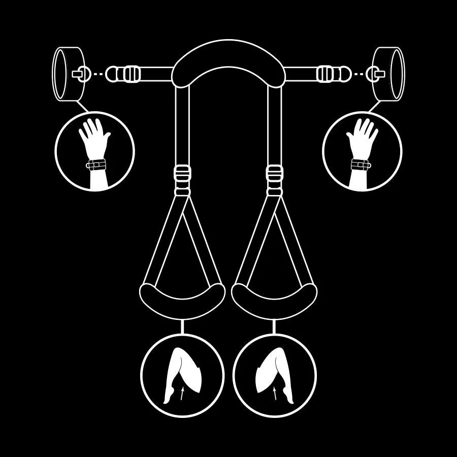 Harnais bondage cuir végane noir, réglable, rembourré néoprène, bretelles et poignets ergonomiques, métal sans nickel.