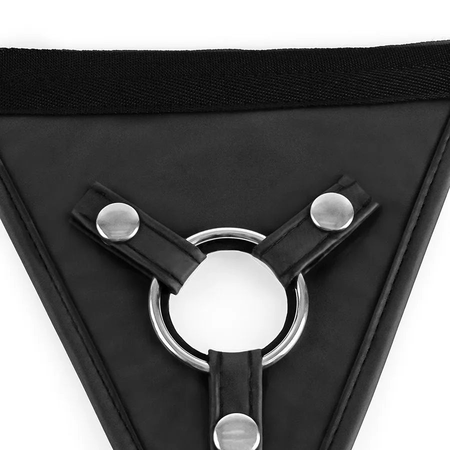 Harnais noir en nylon Luv Touch avec anneau torique et boutons pression métalliques, bretelles réglables pour débutants.