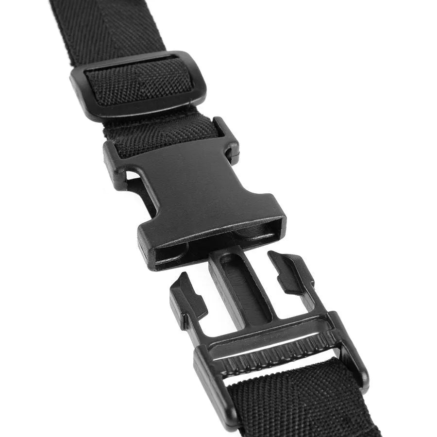 Harnais en nylon noir Luv Touch réglable, bretelles quadruples, anneau torique, boutons pression métalliques.