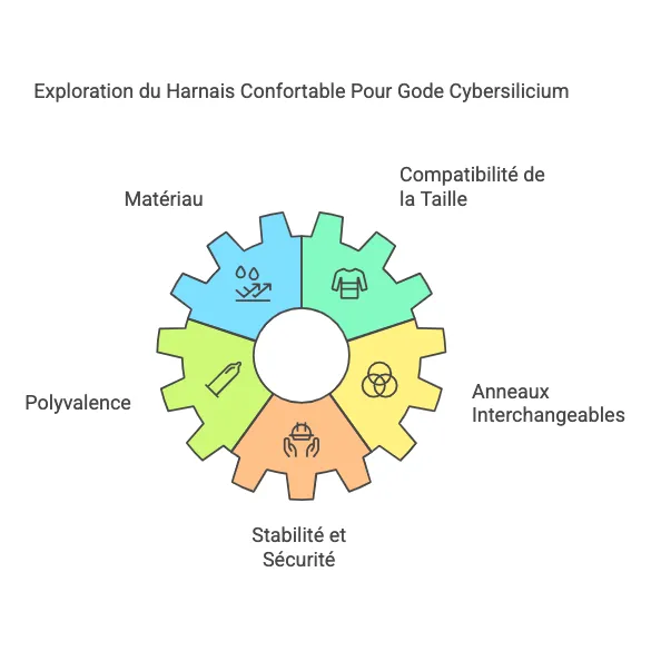 Harnais cybersilicium noir, vinyle doux, taille universelle, anneaux interchangeables, ergonomique, hypoallergénique.