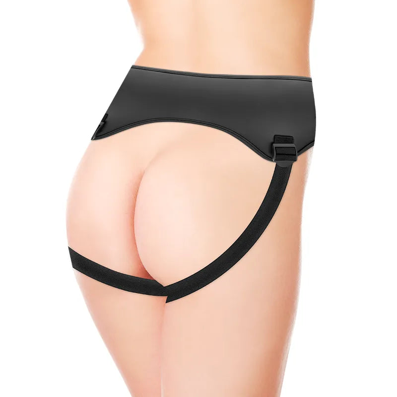 Harnais noir en vinyle doux ajustable, conçu pour godes Cybersilicock, avec trois anneaux et sangles ergonomiques.
