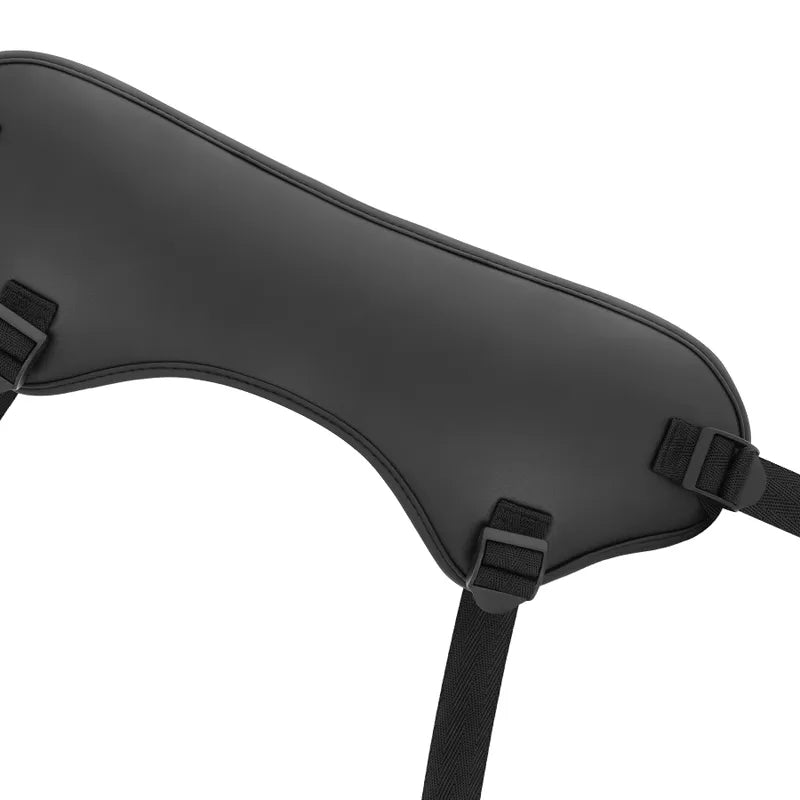 Harnais débutant noir en vinyle réglable, trois anneaux silicone, ergonomique, compatible Cybersilicock, ventouse puissante.