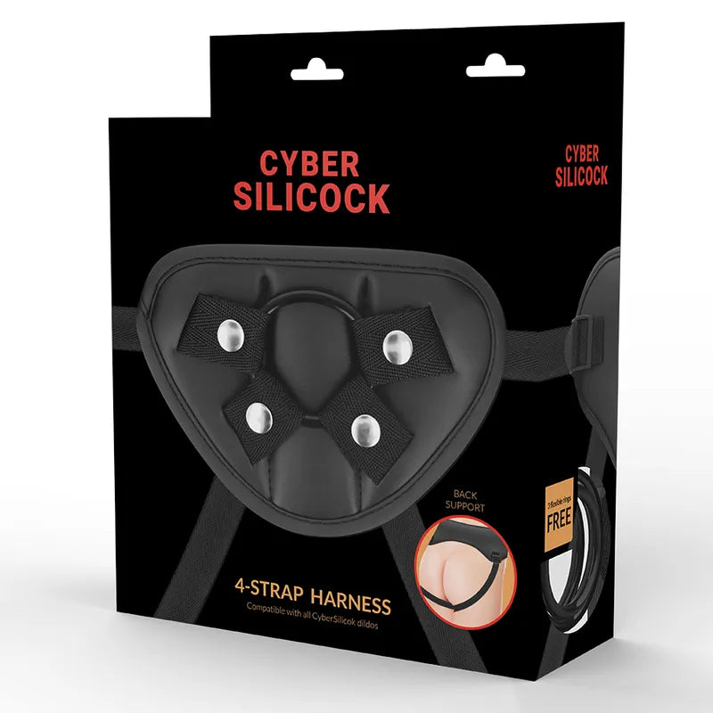 Harnais vinyle noir ajustable avec anneaux silicone, compatible godes Cybersilicock, confort débutant et avancé.