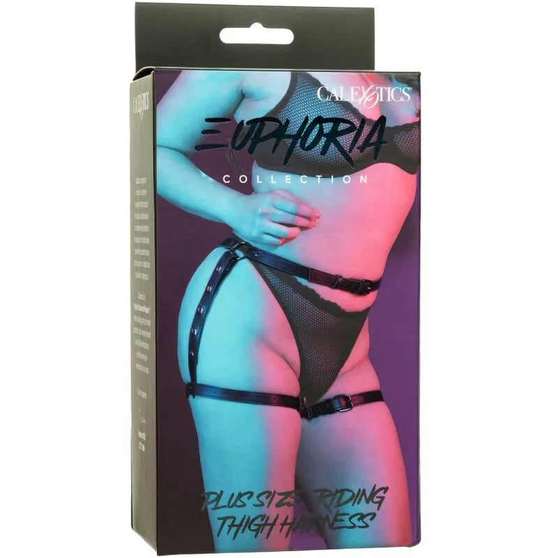 Harnais cuisse cuir végétalien noir, intérieur velours, sangles ajustables, accents métalliques, luxe et confort.