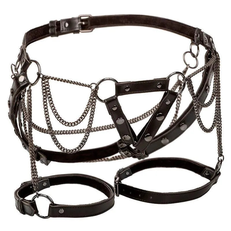 Harnais cuisse grande taille en cuir végétalien noir, chaînes métalliques, sangles réglables, design moderne et élégant.