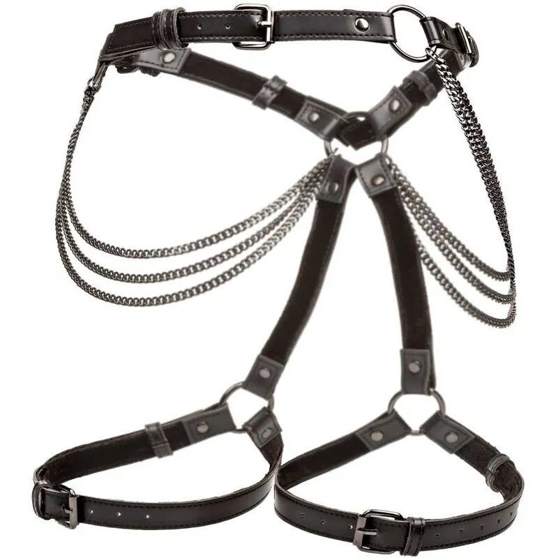 Harnais cuisse multi chaînes en cuir végétalien noir, ajustable, doublure velours, boucles métalliques, style audacieux.
