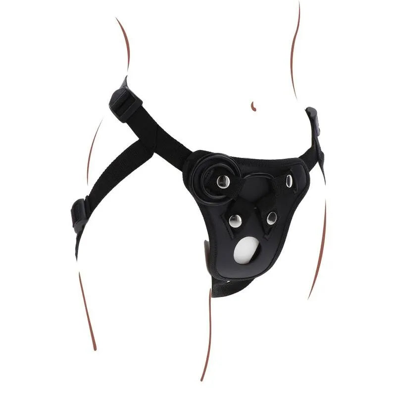 Harnais noir ajustable avec anneaux silicone, bretelles réglables, pochette vibrante, matériaux doux et durables.