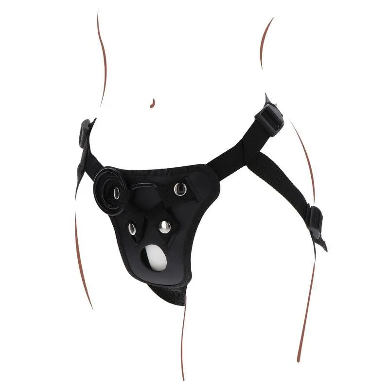 Harnais noir ajustable avec anneaux silicone, bretelles réglables, pochette vibrante, matériaux doux et durables.