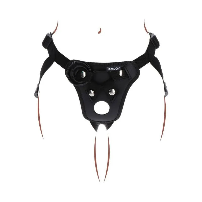 Harnais noir ajustable avec anneaux silicone, bretelles réglables, pochette vibrante, matériaux doux et durables.