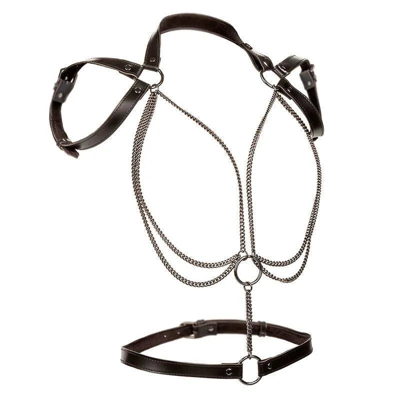 Harnais licol luxe noir, chaînes métal robustes, cuir végétalien, boucles ajustables, doublure velours, grande taille.