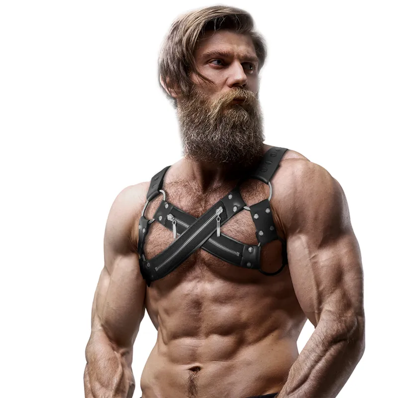 Harnais poitrine ajustable en cuir végétalien premium pour hommes, élégant et écoresponsable, confort et style sophistiqué.