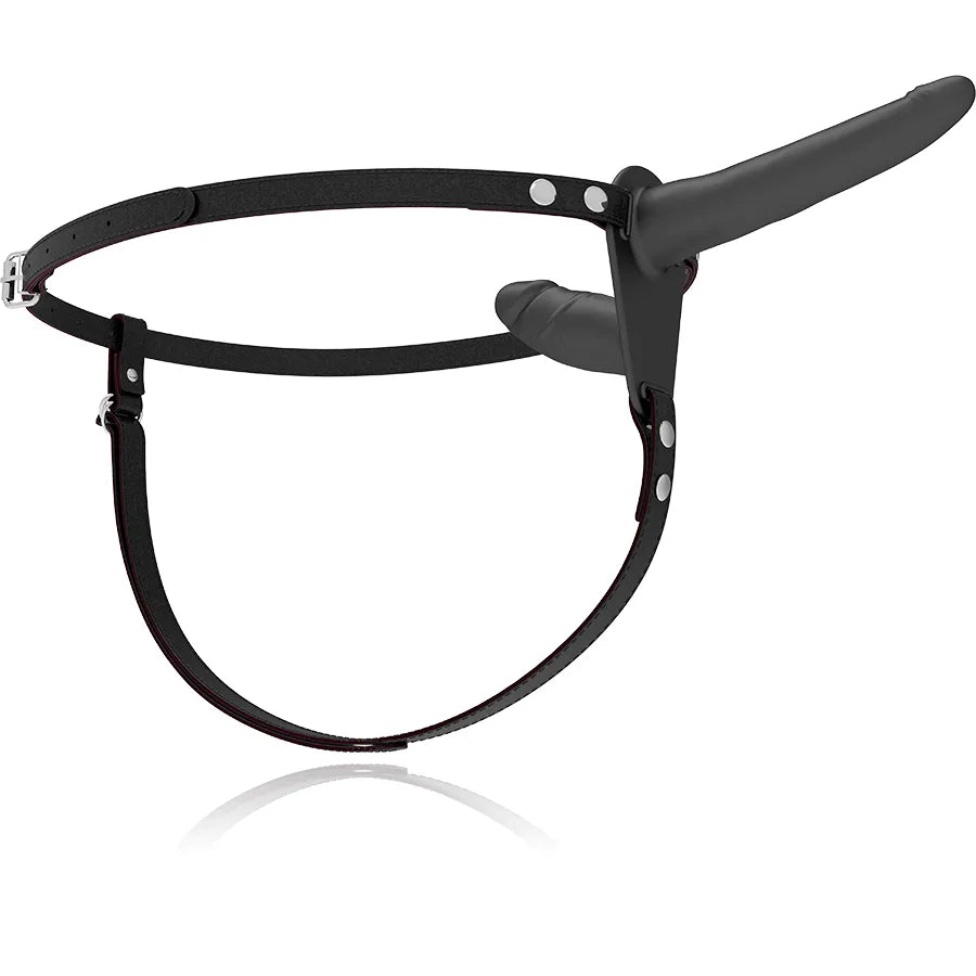 Harnais noir ajustable avec godes silicone hypoallergéniques, toucher soyeux, pour double pénétration, tailles généreuses.