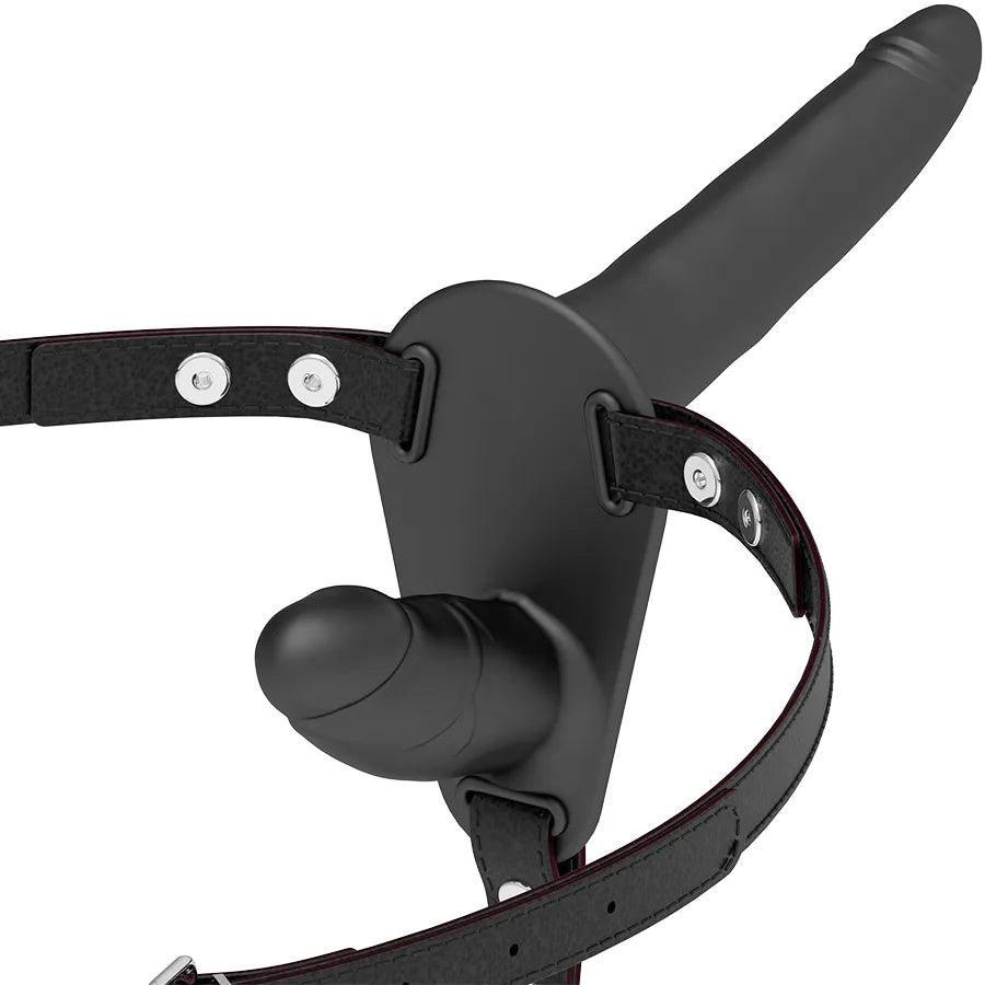 Harnais double pénétration noir, silicone médical, godes 15cm et 8cm, ajustable, toucher soyeux, pour hanches généreuses.