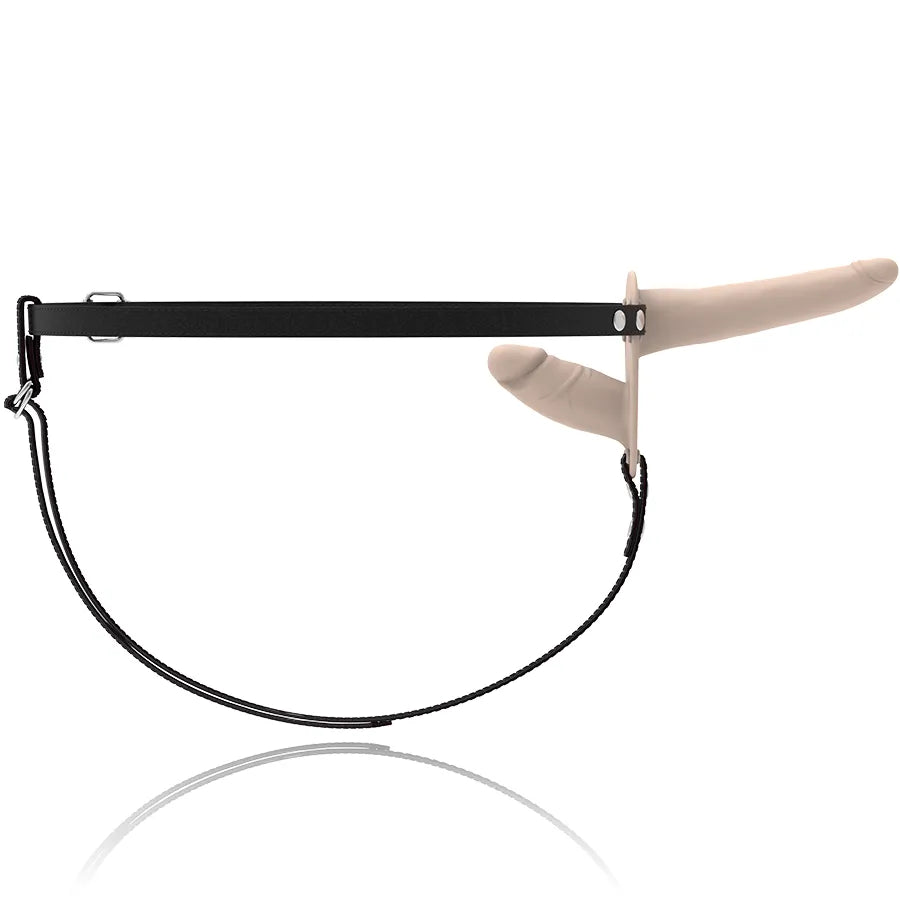 Harnais double pénétration silicone hypoallergénique, noir et beige, sangles ajustables, compatible lubrifiants aqueux.