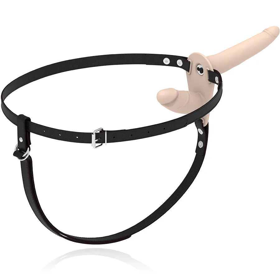 Harnais noir ajustable avec godes silicone hypoallergénique, tailles 15 cm et 8 cm, pour double pénétration, submersible.