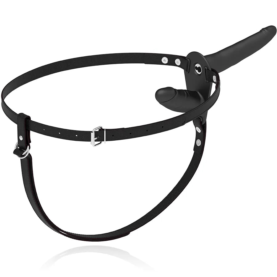 Harnais double pénétration noir en silicone réglable, design ergonomique, hypoallergénique, avec deux accessoires intégrés.