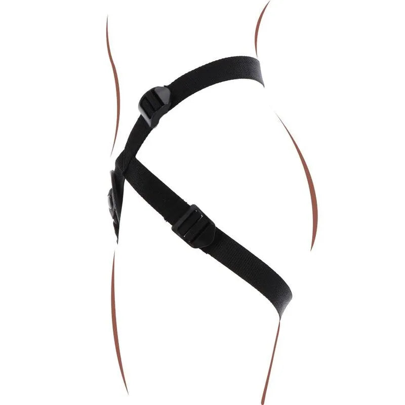 Harnais noir ajustable avec coussin rembourré et anneaux en silicone, bretelles réglables pour confort optimal.