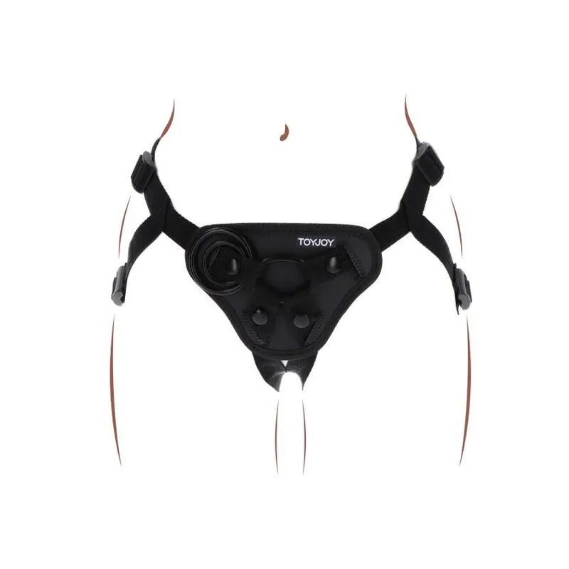 Harnais noir doux réglable avec coussin avant rembourré et anneaux silicone, bretelles ajustables pour gode.