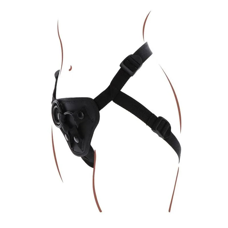 Harnais noir réglable avec coussin avant rembourré, anneaux en silicone, bretelles ajustables, pour jeu de rôle confortable.