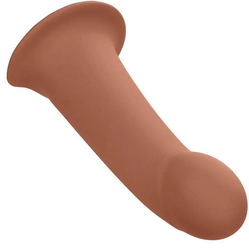 Harnais extension silicone liquide marron, forme réaliste, base large, sangles ajustables, doux et durable, sans phtalates.