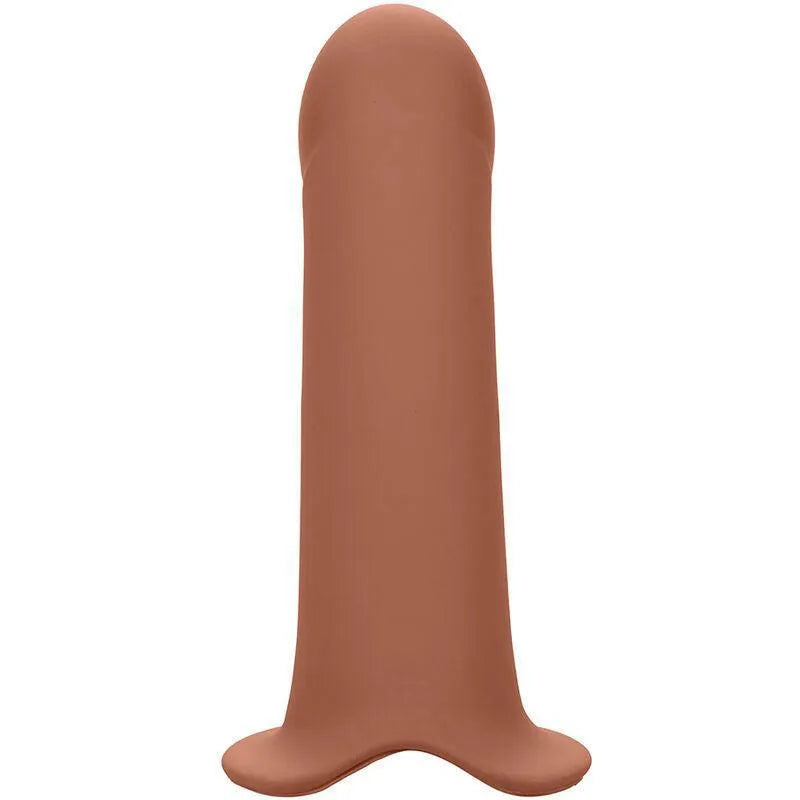 Harnais extension silicone liquide marron, base large, surface lisse, sans phtalates, ajustable et imperméable.