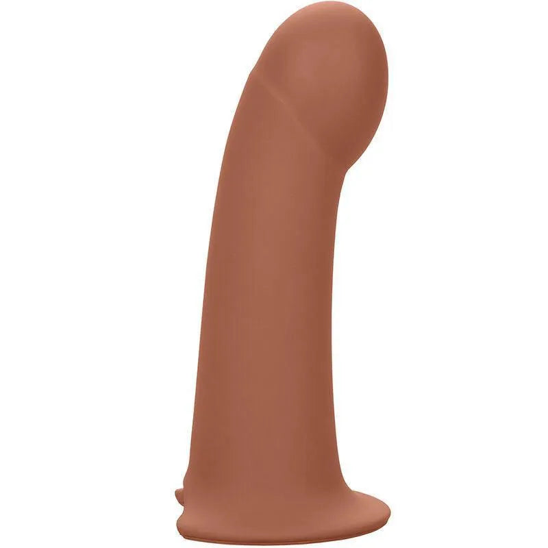 Harnais extension silicone liquide marron, forme lisse et courbée, base large, sangles ajustables, sans phtalates.