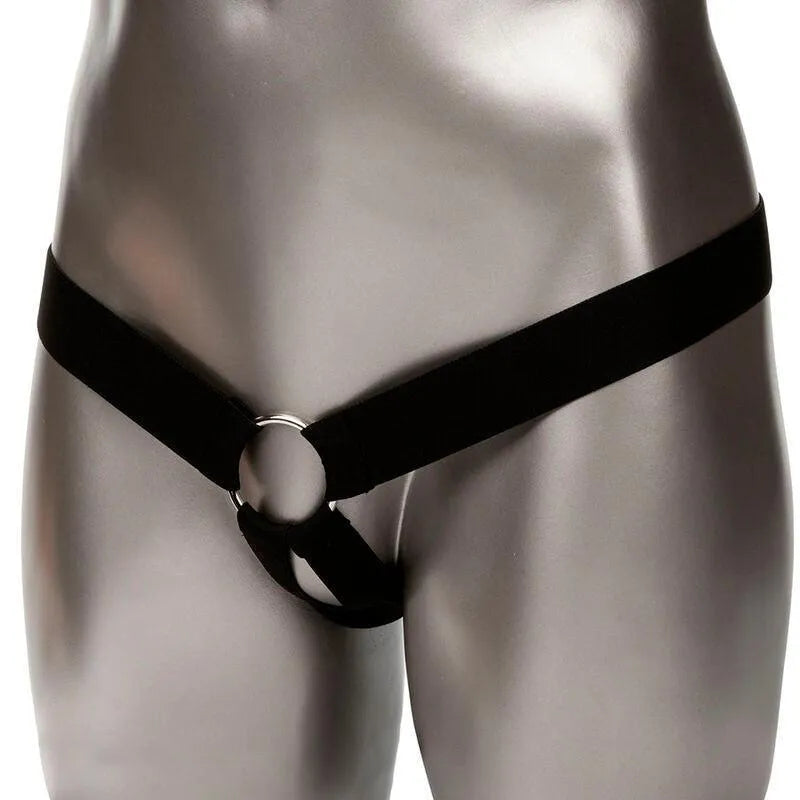 Extension harnais silicone liquide noir, base large, sangle élastique épaisse, design lisse et imperméable.